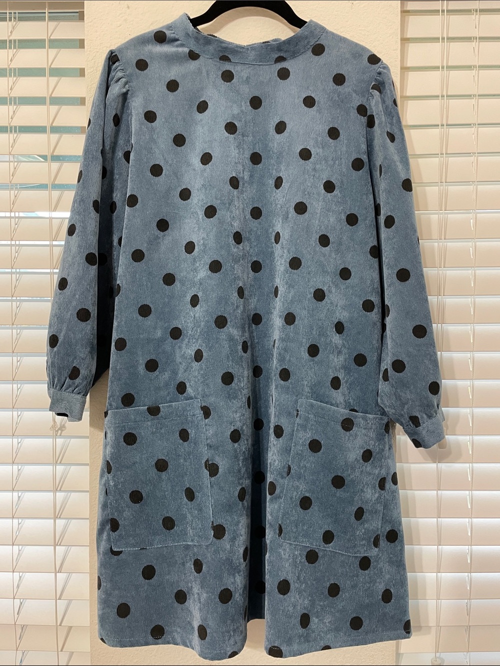Zara Light Blue Polka Dot Corduroy Long Sleeve Midi Dress with Pockets
